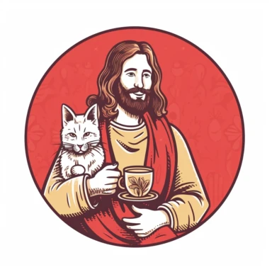 Jesus holding a cat and drinking coffee , clip art