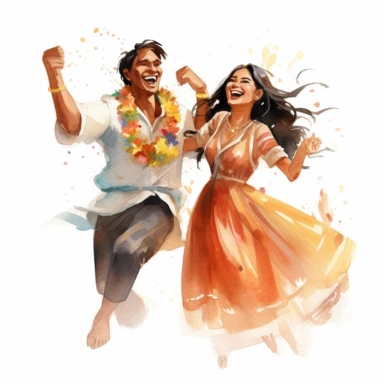 Asian bride and Indigenous groom, laughing together during the reception, joyful and elated, watercolor, Pixar style, Clipart on a white background.