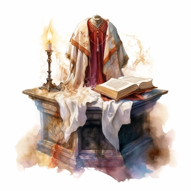 book on altar, watercolour in the style of digital airbrushing, realistic yet stylized, digitally enhanced, elaborate costumes, 32k uhd, clipart, white background
