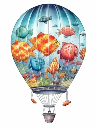 watercolor clipart with white background, hotair balloon with an under the ocean theme design on the hotair balloon, marine life on the desing, incorporate an artistic theme and meticulous attention to stitching and gradients, flat design, clearly defined separated image, high quality