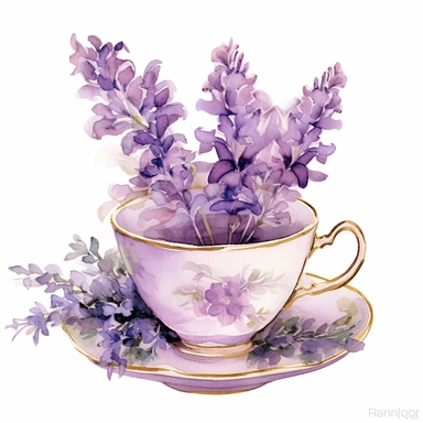 watercolor painting, lavendar flowers in teacups clipart, beautiful teacup clip art, fancy teacups, delicate little teacup, victorian
