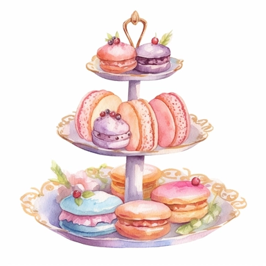 Clipart, Watercolor, Boho tier candy tray with cakes and sandwiches, pastel color, hand-draw, texture