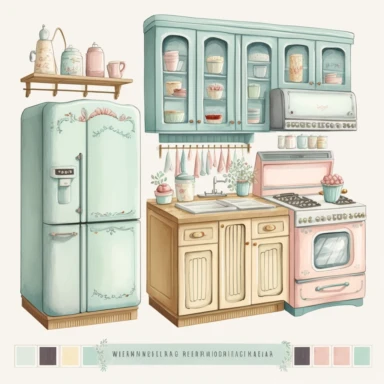 Watercolor Vintage cabinets in the kitchen, in delicate shades, watercolor, hyperrealism, high detail, separate elements, clipart