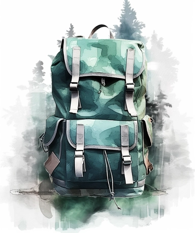 watercoler clipart, a green, backpack with straps on it, in the style of light silver and light indigo, iso 200, ben goossens, outdoor scenes, dark teal, swiss style, video feedback loops