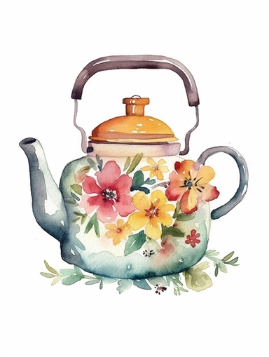Watercolor clipart with white background, cute floral tea pot , cute and adorable, flat design, clearly defined separated image, high quality