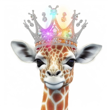 clipart image, with a white background of a hyper realistic, crystal pastel Color’s, reflections, detailed, hyper cute baby giraffe , with gems, diamonds, jewelry, sparkles, shimmer, sparkling, smiling , big eyes, big hair, jewelry, halo, with beautiful crystal crown, fantasy, magical, eternal, clear, animal tiger, small smile, Confident in nature, pastel colours, light pink, whites, white, gold, shinning, 4K, hdr, 8k, high resolution, diamonds, lighting, Sun bright lighting, gorgeous, sparkling