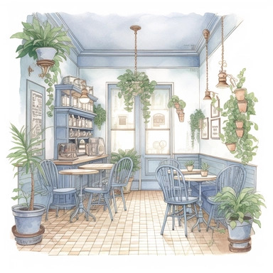 commercial shot of illumination of realistic vintage blue pastel french cozy cafe clipart, cute plants , french cafe, with plants plants, god rays, high quality, intricate design, clipart witchcore dreamcore cottagecore white background no text, isolated on white, ghibli style, award winning