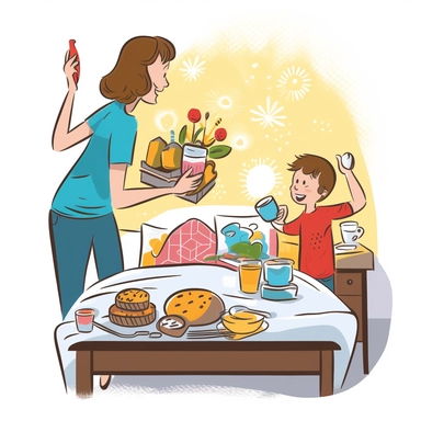 A hand-drawn clipart for Mother's Day on a white background, depicting a child serving their mother a surprise breakfast in bed. The mother's surprised and delighted face is the centerpiece, with the tray of colorful breakfast treats in sharp focus. The drawing style is charming and joyful, capturing the child's eagerness and the mother's appreciation, adding a personal touch to the Mother's Day celebration