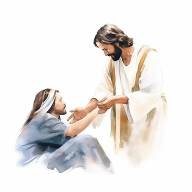 Jesus curing the sick, healing hands, smiling at a sick person who he is healing, Watercolor style, clipart, solid white background