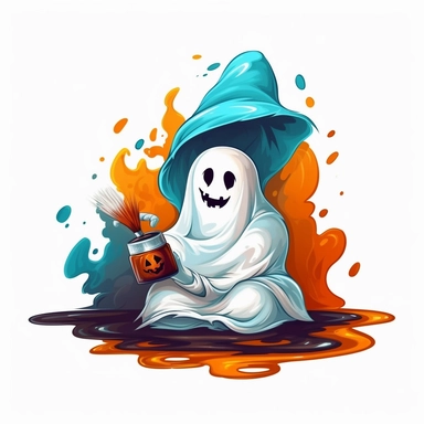 Clip art. Halloween ghost. Oil paint. Thick lines. White background. cute cartoon 8k,--q3