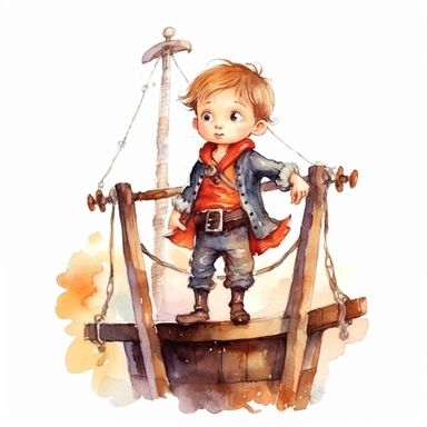 Cute little pirate boy standing on his pirate ship watercolor Clipart