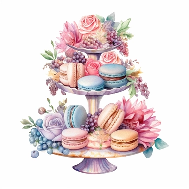 Clipart, Watercolor, Boho tier candy tray with cakes, cupcakes, macarrons and flowers, pastel color, hand-draw, texture