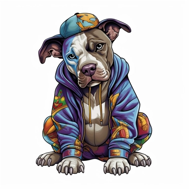 very detailed cutout design of Hip hop dog, laid flat on white background, full color, vector illustration, flat comic style, Sublimation Clipart ,Cartoon,hyper realistic, intricate detail, illustration style,high solution,on the white background