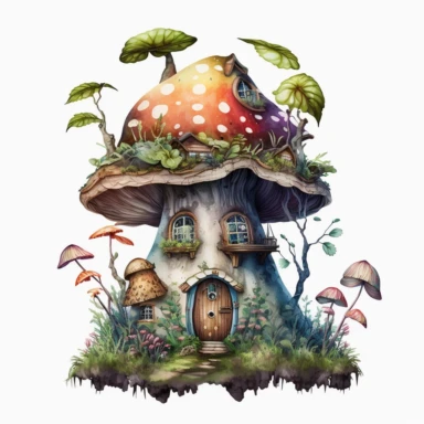 bright realistic Magical Mushroom House with faires, watercolor colors clipart style, on white background, 32k, full high definition, ultra clear image, ultra fine lines, hyper-realistic detail, whole imagine with thick black outline
