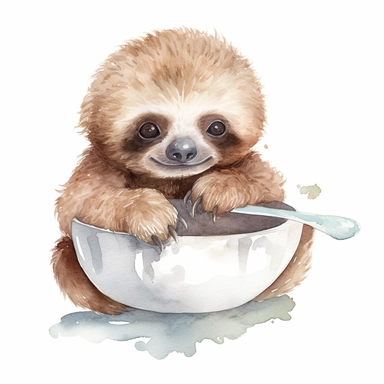 realistic cute baby sloth eating watercolor clipart, white background