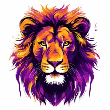 purple and gold and yellow artwork for t-shirt graphic of Lion on fire making a difference, vector image, flat white background, simple clip art