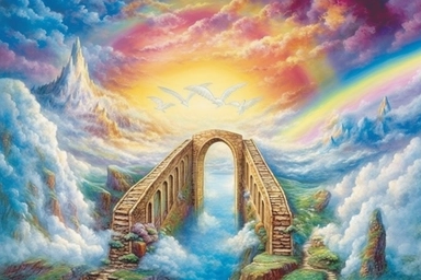 Imagine a watercolor painting of a long rainbow bridge stretching towards the gates of heaven. The doors to heaven are opening, revealing a colorful and vibrant sky filled with fluffy, white clouds and beautiful angels. This image is in high definition and would make a stunning piece of clipart,