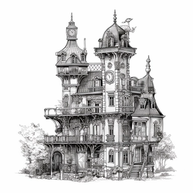 single Vintage Victorian steampunk building, black and white line drawing Clipart, white background