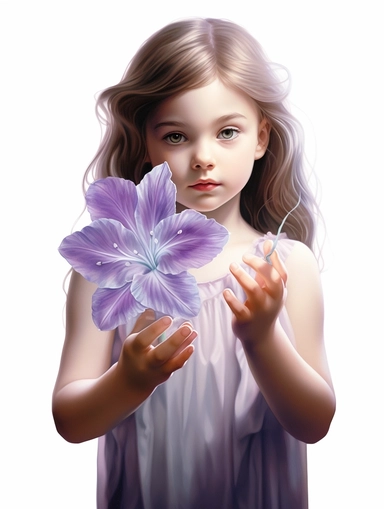 a child holding a purple Lily were only became apparent afterwards. an uncommon crystal flower's powers, mystical, clipart png, realistic, digital painting, WHITE BACKGROUND, fantasy style, realistic, painting, watercolor, 8k, ultra details,