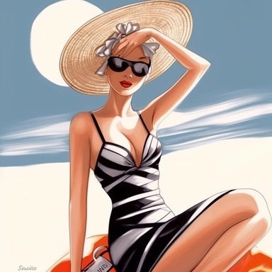 portrait view, full view, clipart illustration, beautiful lady sunbathing on beach, exact image, sharp focus, high detail, (--iw 5)