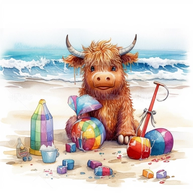 Baby Highland Cow play in the beach with beach toys, highly detailed, cartoon, watercolor, clipart, illustration, white background, digital painting, paper crafting, no signature, no text