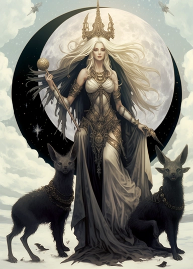 Crescent moon goddess of Magick and witchcraft, wearing a skull crown diadem, with a giant crescent moon in the background, she wears a long beautiful flowing dress with long flowing white hair, the Egyptian sun God Ra is next to her wearing egyptian garb, two jackals sit beside them, on a white background, white and black silhouette line drawing Clipart,