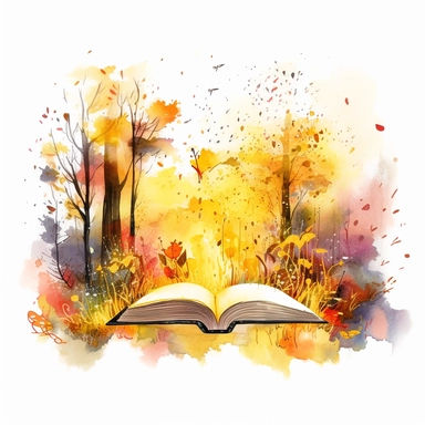yellow watercolour image of magical forest coming out of a book clipart, vector image
