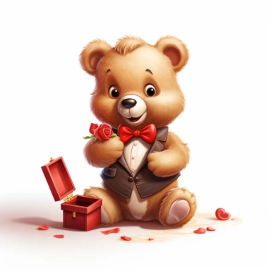white background only, cartoon clipart of a teddy bear down on one knee proposing marriage with an engagement ring box in his hand reaching out