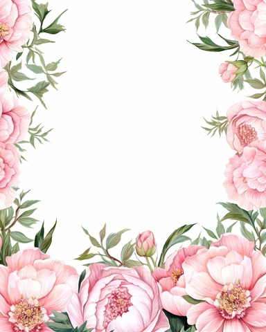 detailed watercolor rectangular pink peony flower border with line and with wide middle white space, realistic, clipart