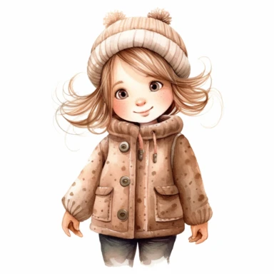 a happy little cute girl in a five-year-old, knitted jacket,, style by Lusy Fleming, folk art, watercolor, clipart elements, smooth gradients, black contour outline, ultra detailed, white background, super clear, high quality