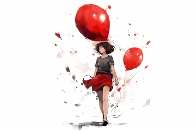 cute beutiful girl, red half of the heart shape balloon geometric minimalist , valentine's day, top view, running in Tokyo, ink, Ghibli style, 8k, Leyka 35mm very detail clipart on white background space out 8k