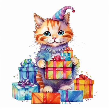 please create watercolor clipart of a cat, smiling, wearing party clothes with birthday presents, vibrant colors,intricate details, isolated on white background, vivid colors, hdr, 8k