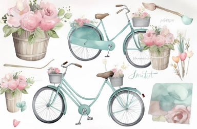 watercolor illustration bicycle ephemera clipart, beautiful little grey street, set of 5 vintage bicycles of various colors, in the style of clean and simple designs, light cyan, dark beige, off-white, light pastel pink and dark aquamarine, realistic brushwork, birds and flowers, (PSD, PNG), set of 5 bicycles of various light pastel colors with baskets (PSD, PNG), set of 9 beautiful floral basket arrangements, colorful animations, realistic detailing, distressed materials, free brushwork, whimsi