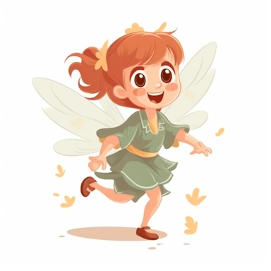 cute boy dressed as a fairy running. Cartoon clipart style. Color, full body. Girl looks very happy.