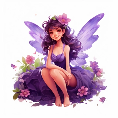 a beautiful smiling fairy girl sitting in flowers, big wings, purple dress, pixar style, full body image, clipart, white background