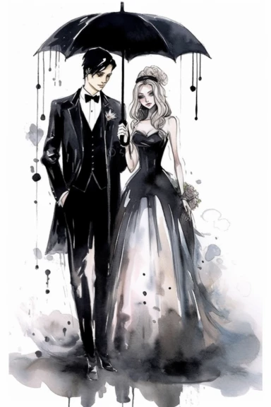 Lovecore. Clipart. A captivating gothic wedding illustration in a watercolor style with a touch of flat design. The artwork features a bride and groom in a whimsical and stylized representation. The composition is set against a clean white background, allowing the bold colors and clear contours to stand out. Emphasize the gothic theme with a color palette consisting of dark shades of black, deep red, and other complementary neutral tones. The illustrations should have a minimalist aesthetic with