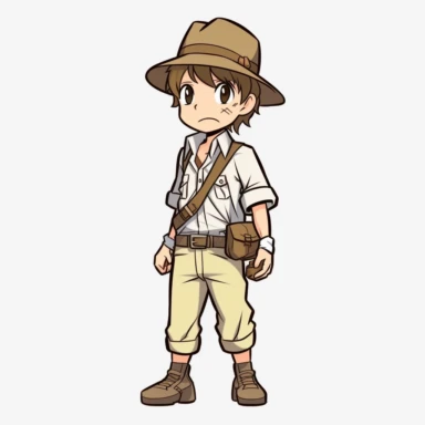 young indiana jones, full body, standing, happy, bright colored, manga, clipart, kawaii, black outline, white background