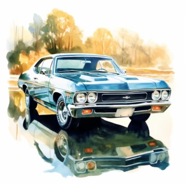 A painterly portrait of a classic American muscle car, with reflective mirrors capturing sweeping roads and breathtaking landscapes, american style, watercolor, clipart