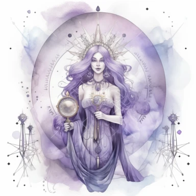 The high priestess Taro card , in the style of mystic mechanisms ,pencil art illustrations, Isolated white background, reimagined by industrial light and magic, lith printing, illusory images, watercolor clipart, very subtle purple tones, , ,