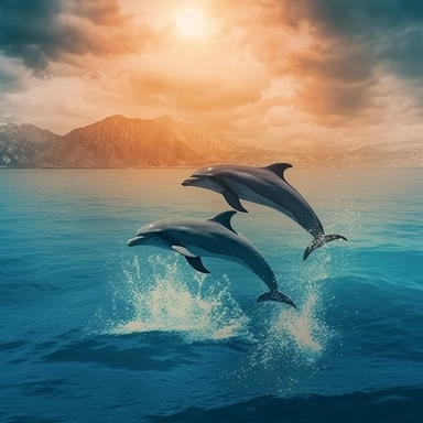 panoramic view, portrait view, 2 dolphins jumping out of beautiful blue water in the distance, sharp focus, high detail, romantic, fantasy, ethereal, illustration clipart style