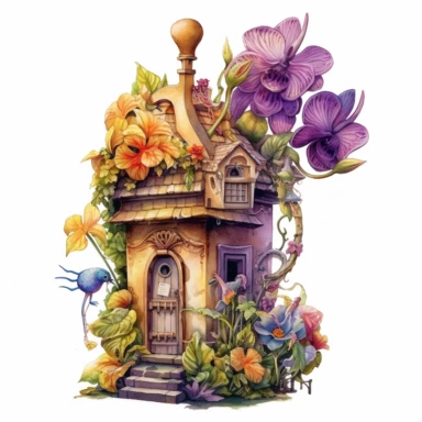 a watercolor fairy old and used little English mailbox, profil view, with a post slot, enchanted collector's item surrounded by an arrangement of a number of dramatic extravagant saturated digital yellow and purple 3D giant orchid, in the style of large-scale photography, lush detailing, watercolor style, pastel colors, playfully intricate, made of flowers, bloomcore, clipart, clear background