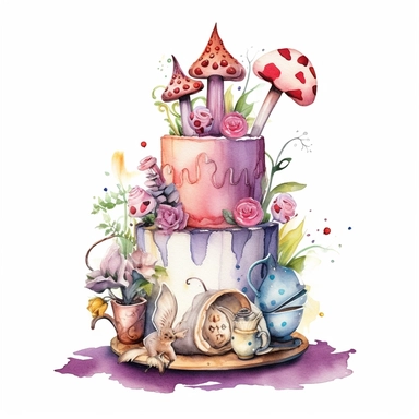 whimsical watercolour alice in wonderland birthday cake clip art