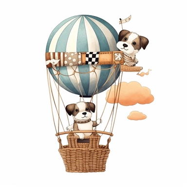 balloon with a basket , Wood Animals, Pilot Clipart, Aviator Clipart, cute sweet baby dog animal Illustrations vintage