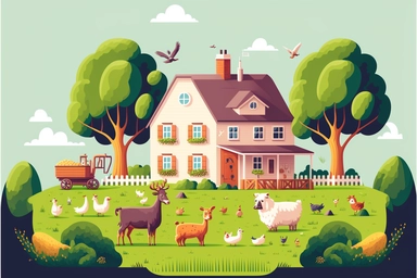 farm house cartoon, farm house with animals, farm house clipart , clipart, hand drawn, farm style, agriculture, green grass farm house, green grass area, farmhouse with agriculture, farm animals , light colors