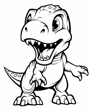 Sticker Clip Art of a cute T-Rex for Childrens Coloring Book Page, simple vector lines, children friendly, illustrated in a playful and style in black lines with white background, perfect for any special occasion, cut out in the shape of a T-Rex, with no visible background, giving it the appearance of a sticker, conveying a mystical and whimsical mood, edited with Adobe Photoshop to adjust brightness and contrast, rendered as a transparent PNG file with a high resolution to ensure a crisp and cl
