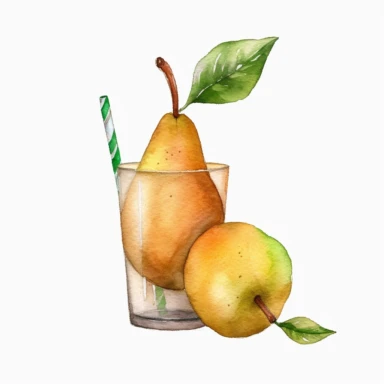 An pear fruit with a straw inserted, as if ready to be juiced or drink, Watercolor, pastels, clipart, beautiful, colourfull, png transparent white background, high resolution, no caption q4 s2