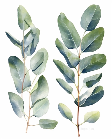 Eucalyptus polyanthemos leaves Watercolor Cliparts Illustrations isolated on white background “Photorealism” taken with macro lens 100 mm on a full-frame camera