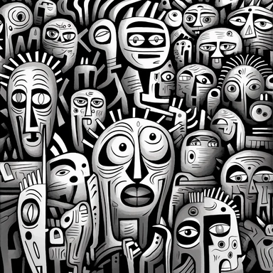 black and white coloring page for adults, lots of mates , in the style of ominous vibe, monochromatic white figures, fine lines, creative commons attribution, wallpaper, childs drawing, animated exuberance, no shading, clipart