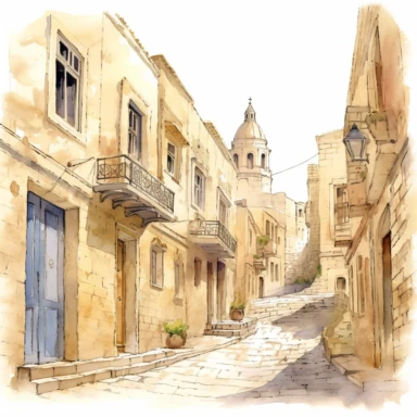watercolor mardin town in turkiye, illustrations clipart set, simple, , cartoon elements ,different variants , historic stone houses,historic buildings, cobblestone lanes, tone facades of the buildings, Mardin's stone Alleyways separate elements with a margin