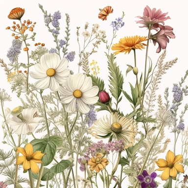 Pressed boho wild flowers cottagecore vintage botanical pastel floral nature flower garden with seamless border, clipart with white background –ar 293:151